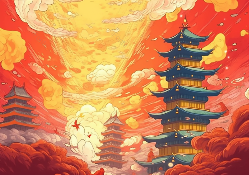 天庭宫殿晚霞古典祥云国潮风中国风传统文化节日插画,插画/手绘图,插画/手绘图库,插画/手绘图下载,插画/手绘